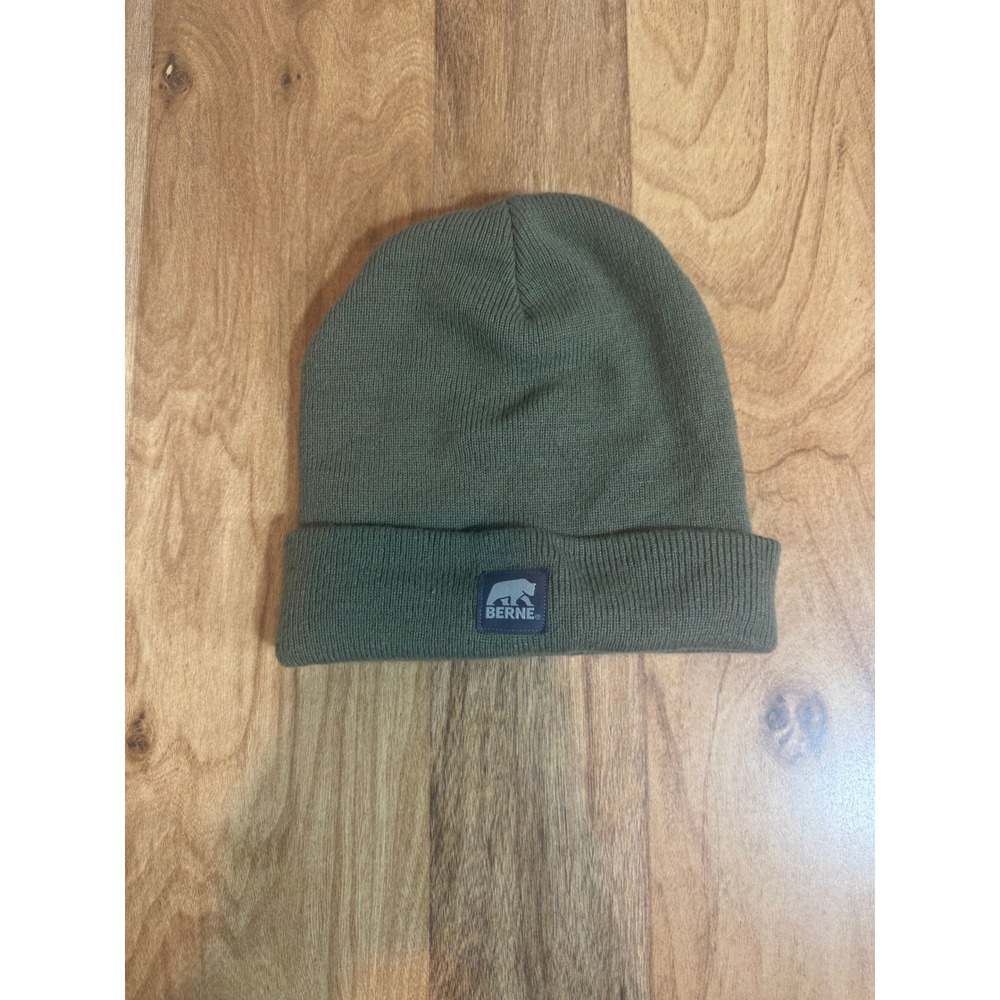 Berne Beanie Hat Mens Olive Green Knit Cuffed Watch Cap Workwear Logo Vintage